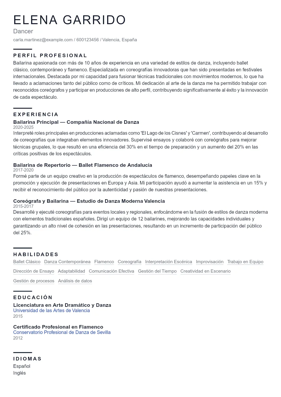 Ejemplo de CV para CV para Bailarín/a Profesional - Plantilla de currículum profesional