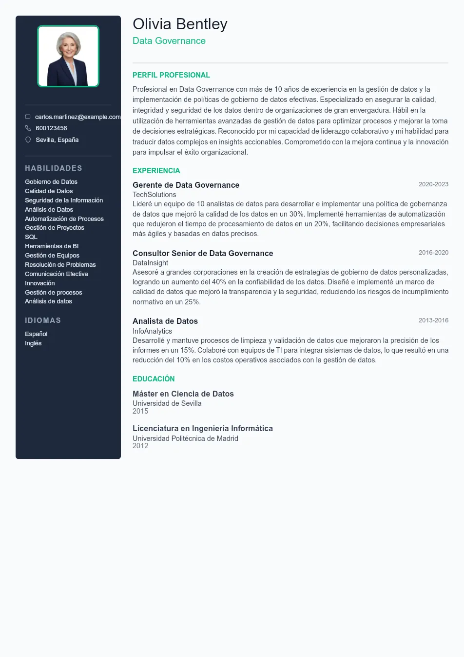Ejemplo de CV de Data Governance CV Example - Professional Resume Template
