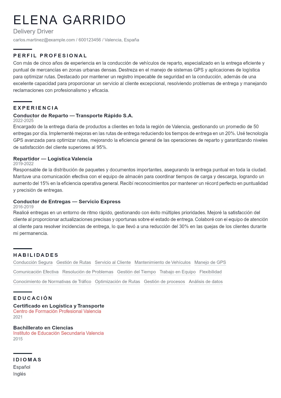 Ejemplo de CV de Delivery Driver CV Example - Professional Resume Template