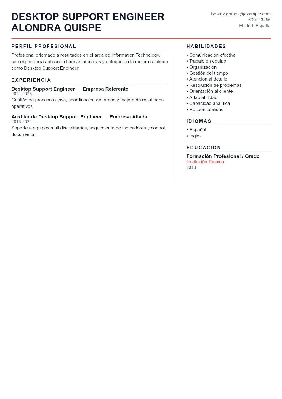 Ejemplo de CV de Desktop Support Engineer CV Example - Professional Resume Template