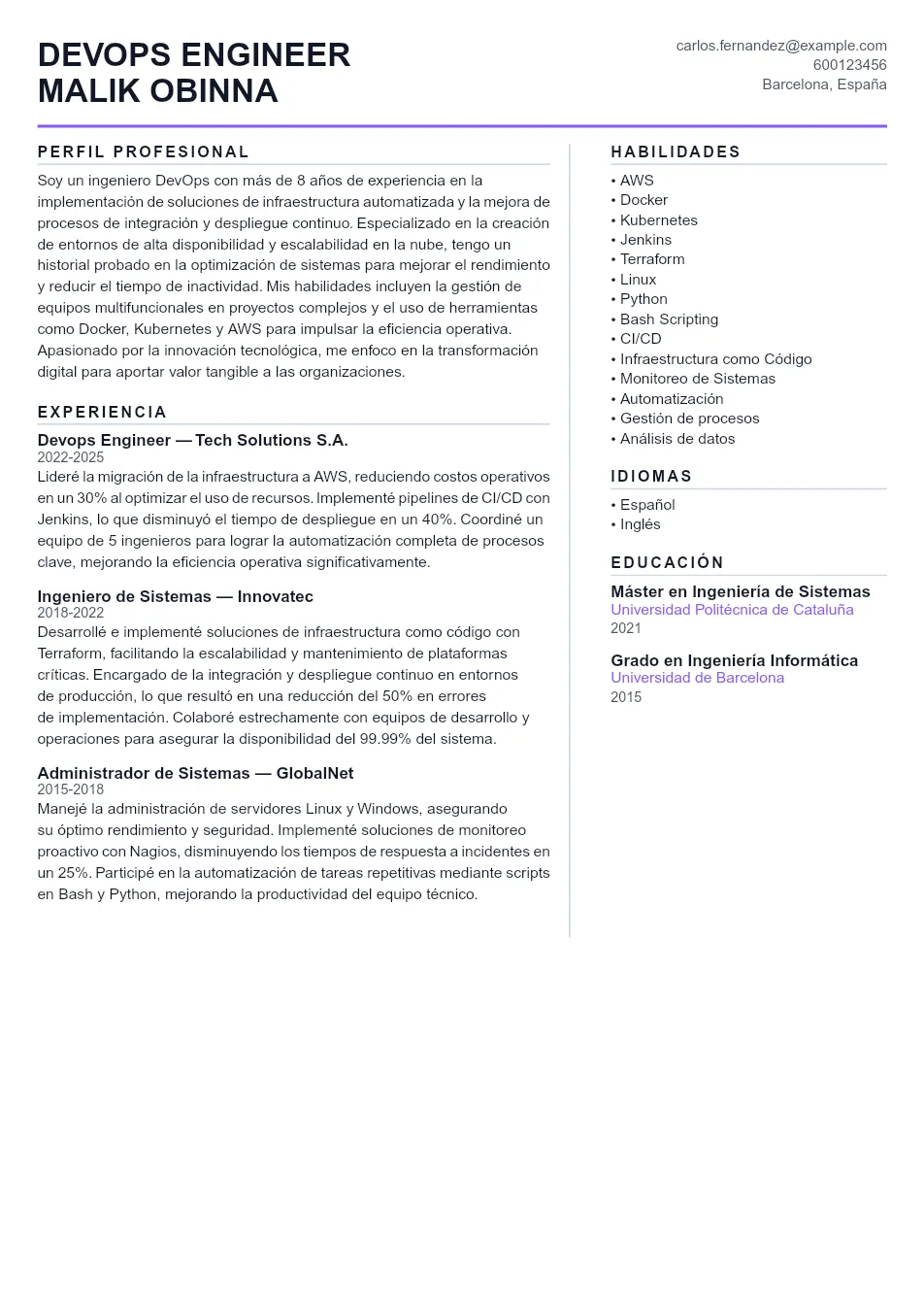 Ejemplo de CV de Devops Engineer CV Example - Professional Resume Template