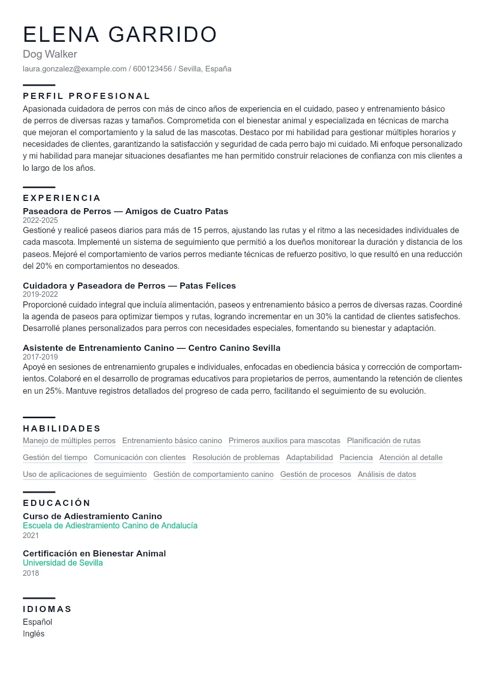 Ejemplo de CV para Paseador de Perros que Destaque - Plantilla de currículum profesional