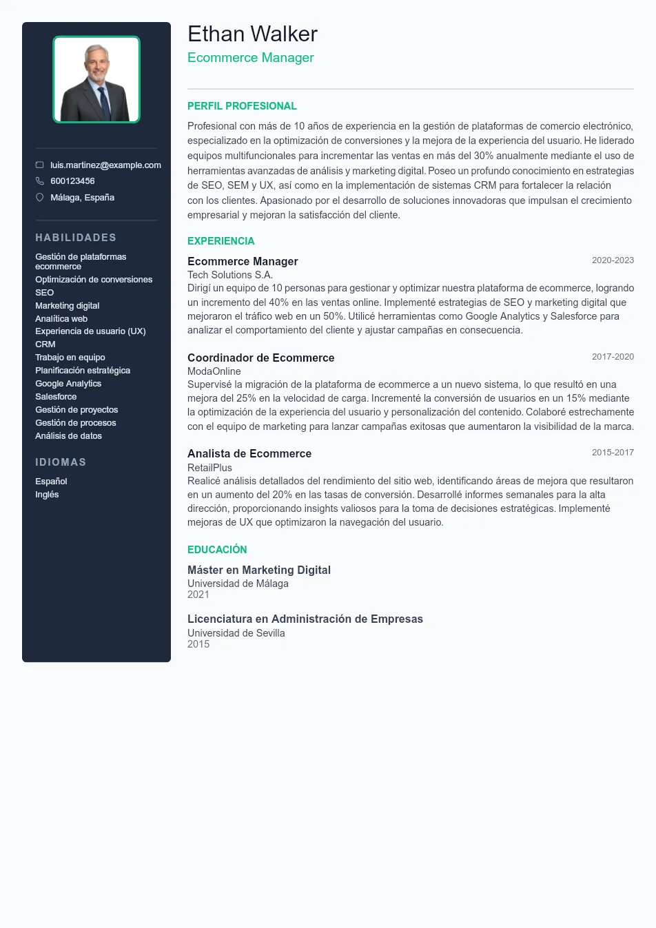 Ejemplo de CV de Ecommerce Manager CV Example - Professional Resume Template
