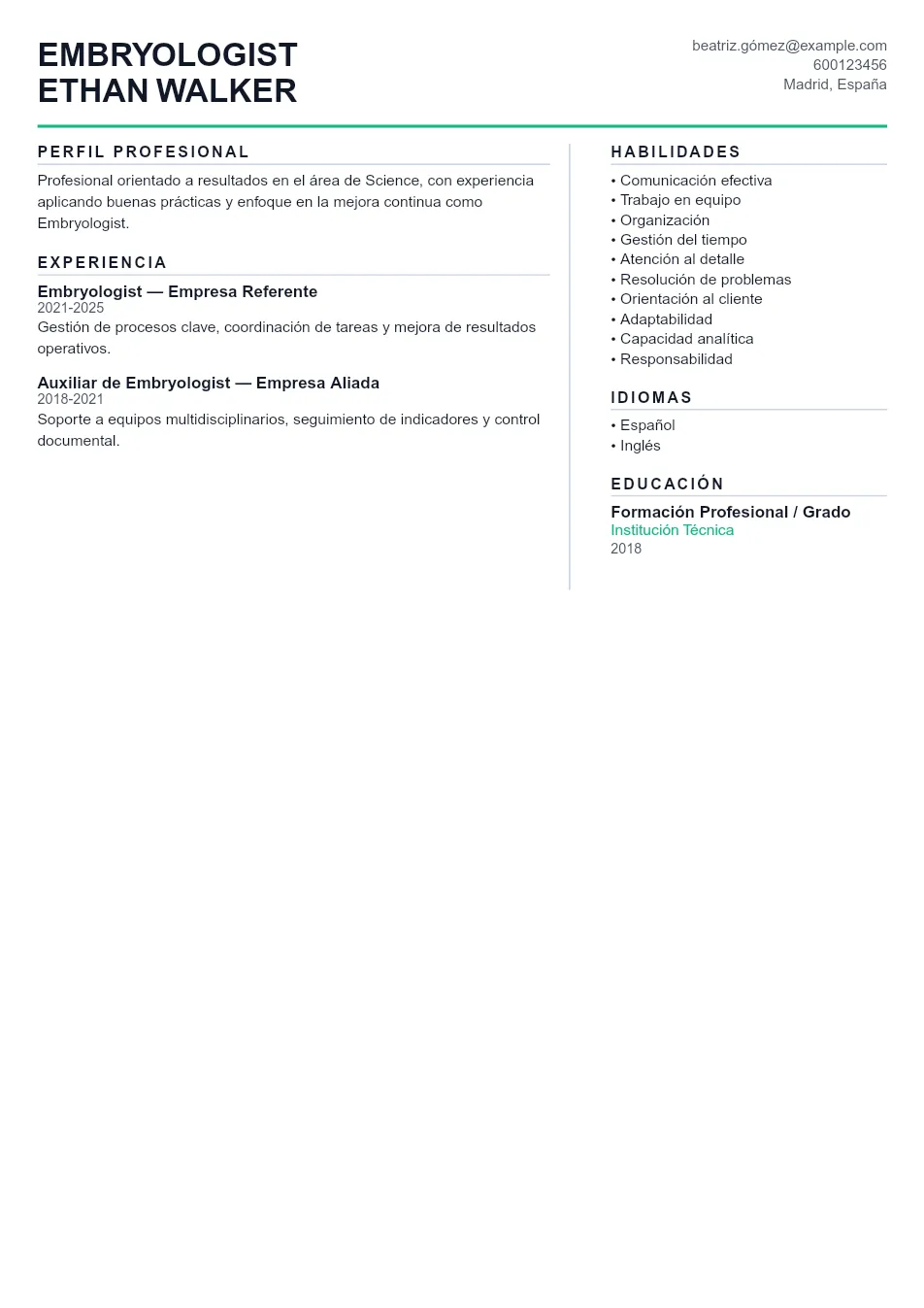 Ejemplo de CV de Embryologist CV Example - Professional Resume Template