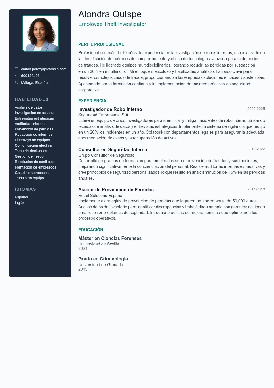 Ejemplo de CV de Employee Theft Investigat CV Example - Professional Resume Template