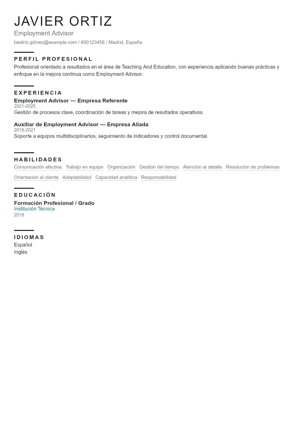 Ejemplo de CV para CV de Employment Advisor - Plantilla de currículum profesional