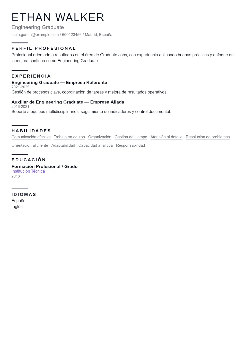 Ejemplo de CV de Engineering Graduate CV Example - Professional Resume Template