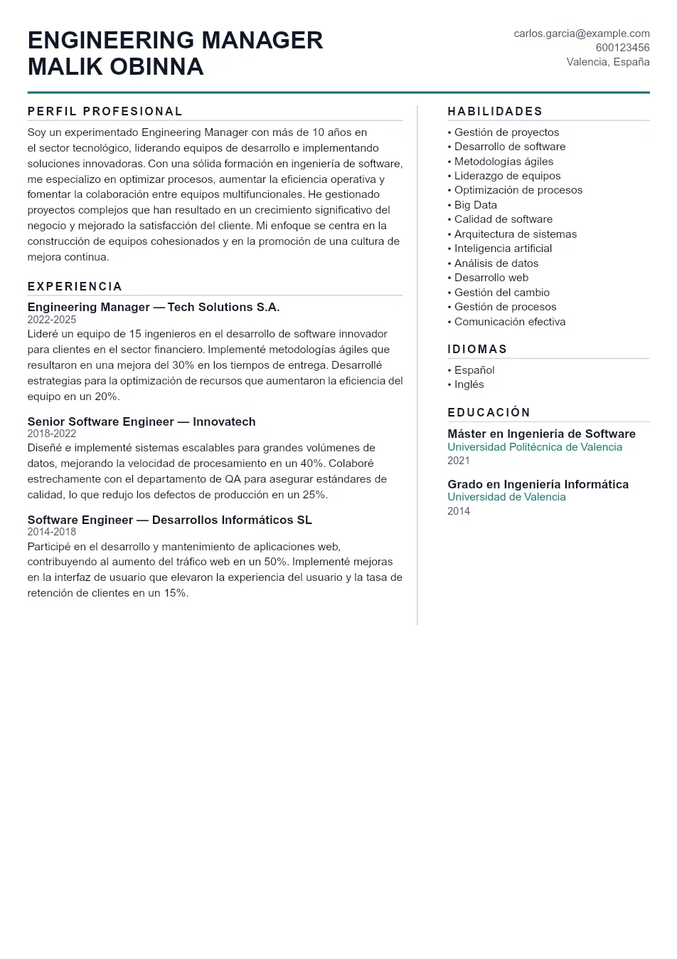 Ejemplo de CV para CV de Engineering Manager - Plantilla de currículum profesional