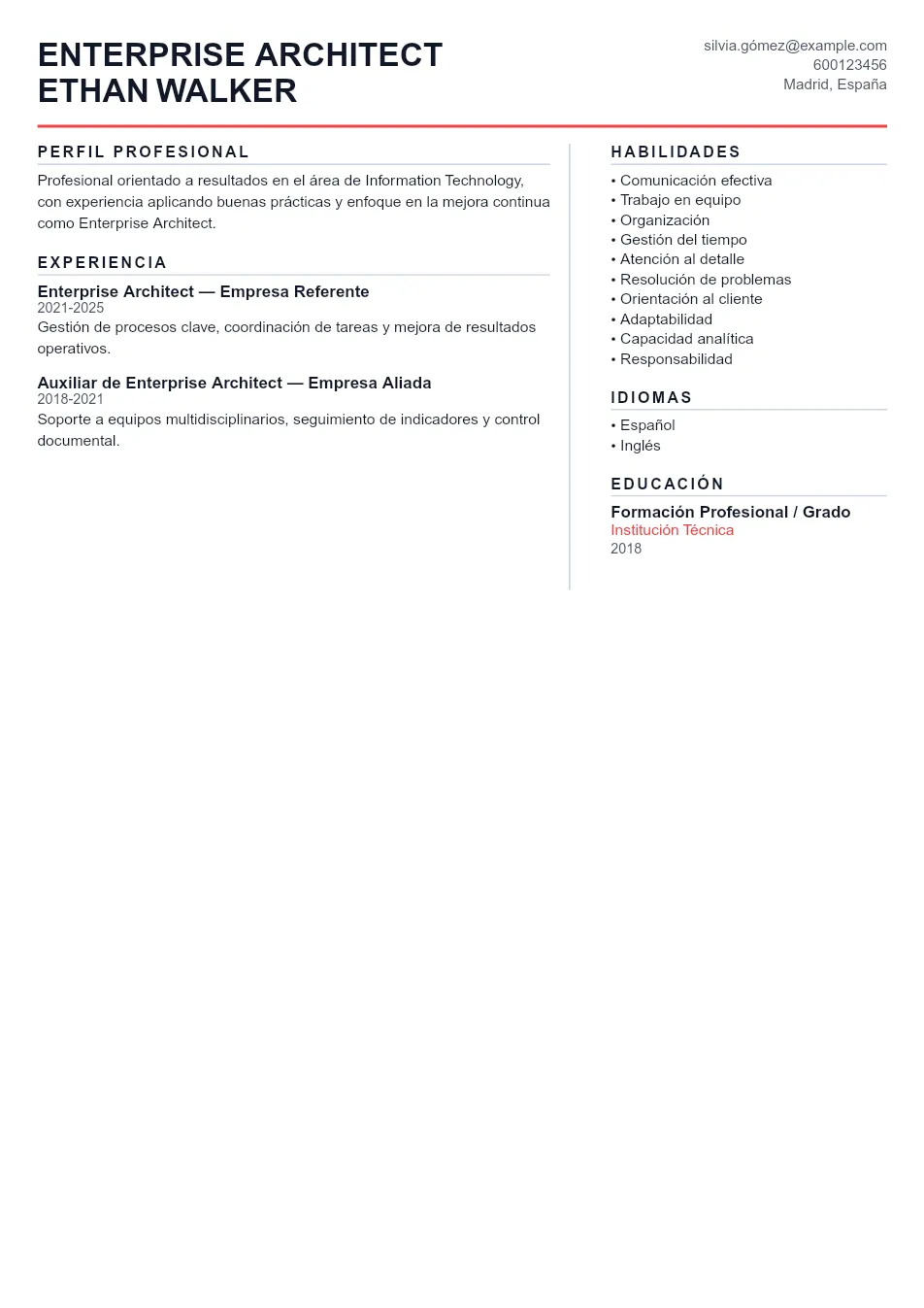 Ejemplo de CV de Enterprise Architect CV Example - Professional Resume Template