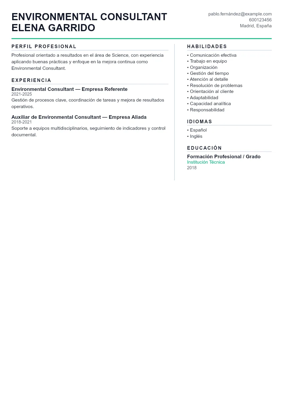 Ejemplo de CV para CV de Consultor Ambiental - Plantilla de currículum profesional