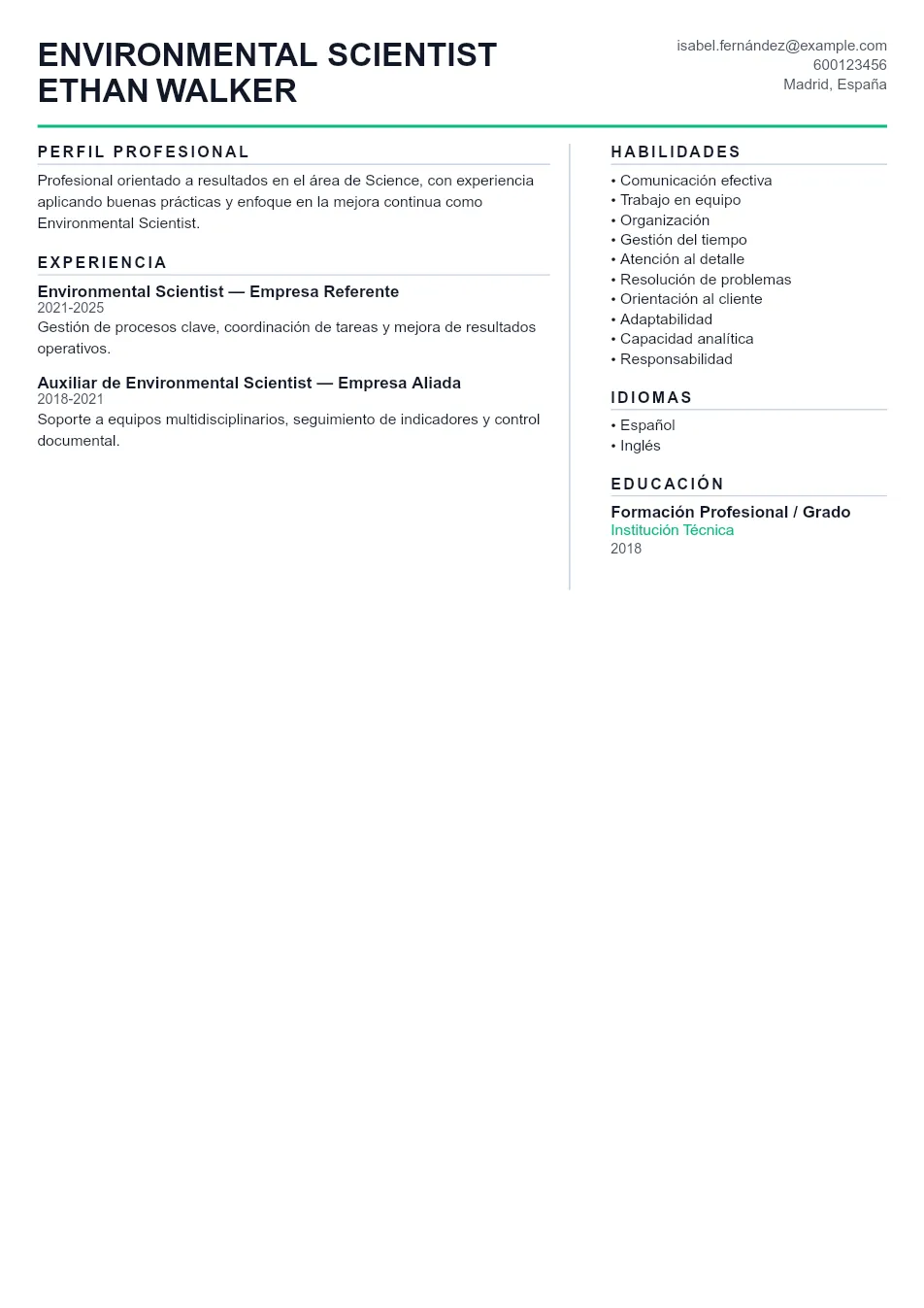 Ejemplo de CV para CV de Científico Ambiental - Plantilla de currículum profesional