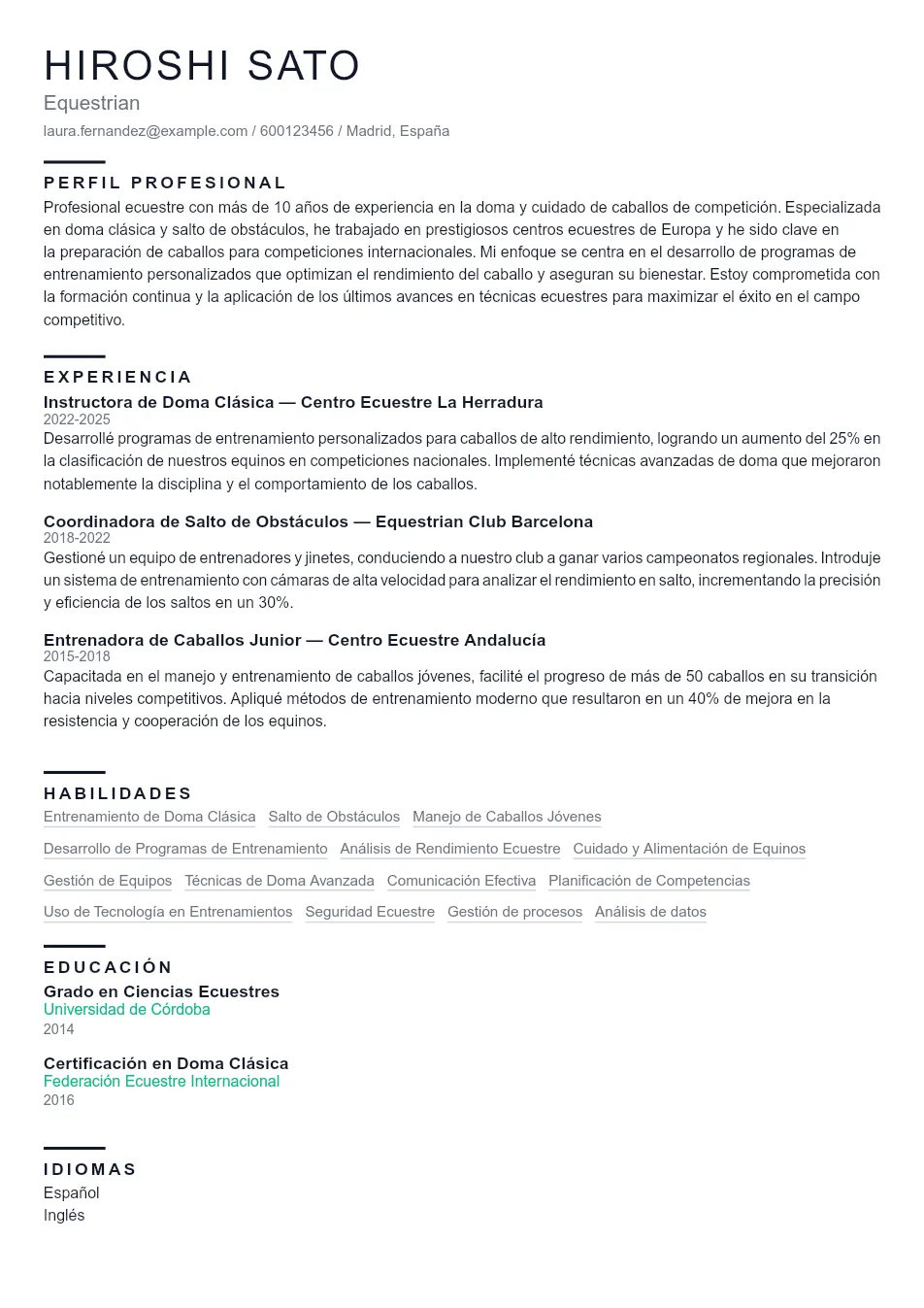 Ejemplo de CV de Profesional ecuestre y gu CV Example - Professional Resume Template