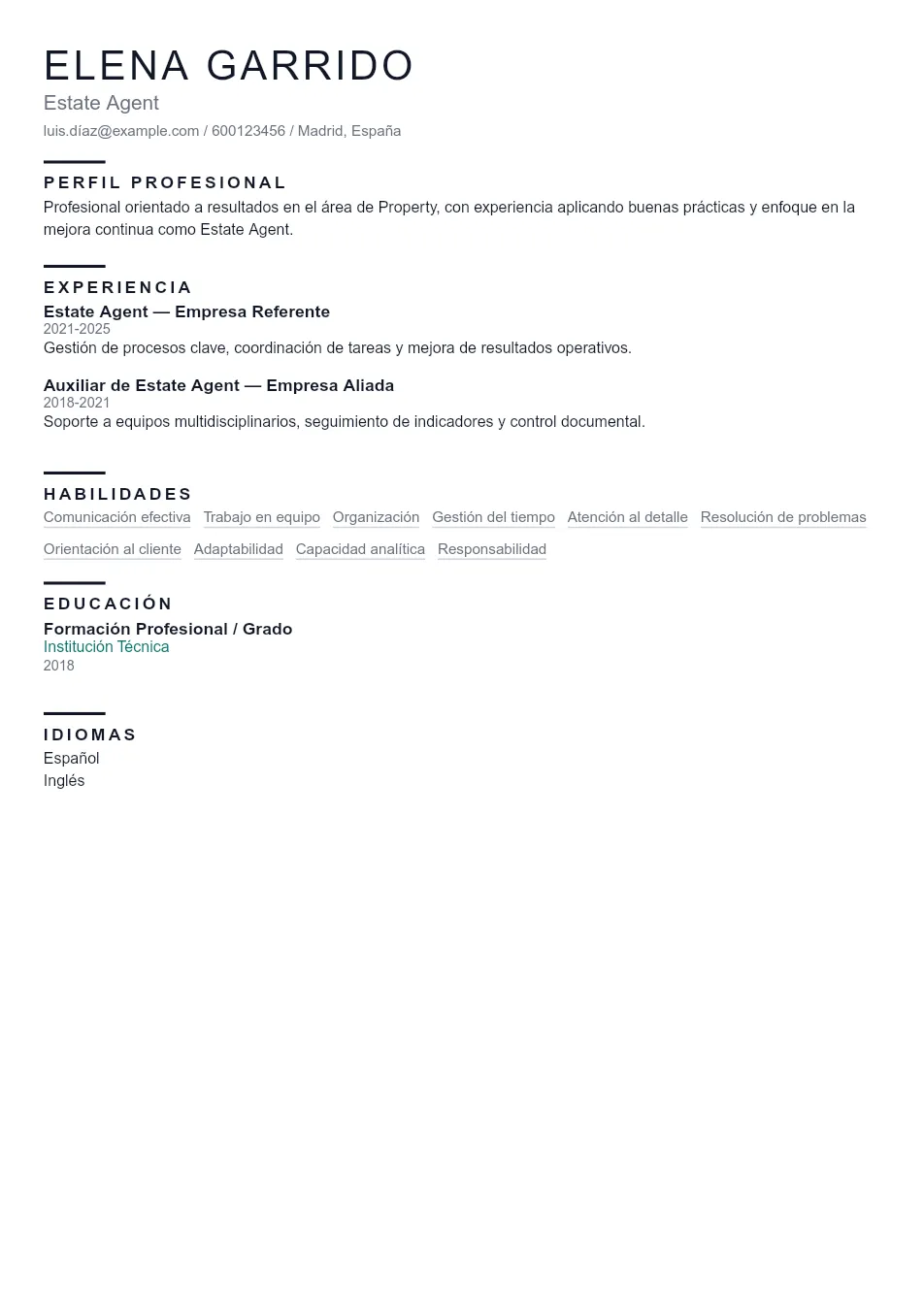 Ejemplo de CV de Estate Agent CV Example - Professional Resume Template