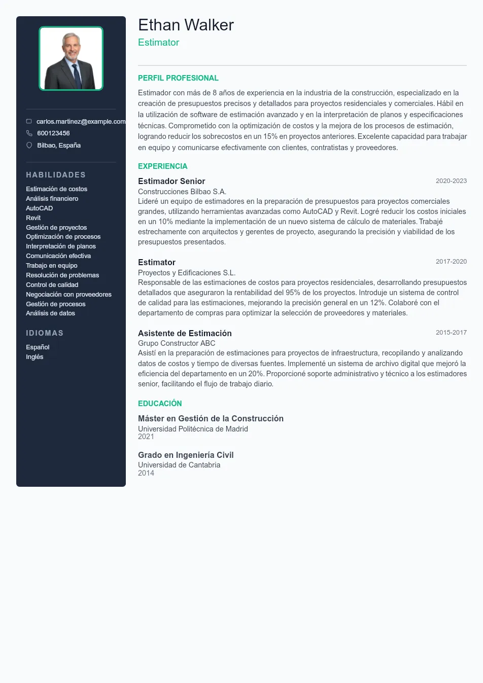 Ejemplo de CV de Estimator CV Example - Professional Resume Template