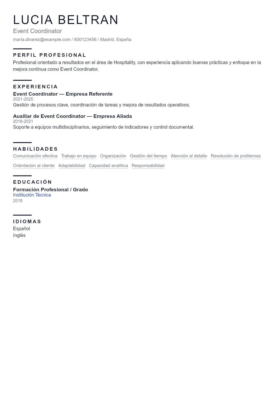 Ejemplo de CV de Event Coordinator CV Example - Professional Resume Template