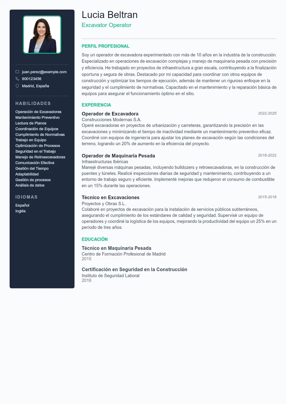Ejemplo de CV de Excavator Operator CV Example - Professional Resume Template