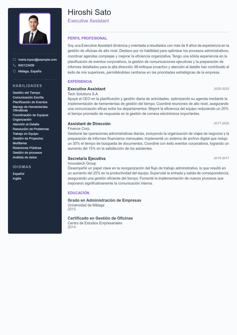 Ejemplo de CV para CV de Executive Assistant - Plantilla de currículum profesional