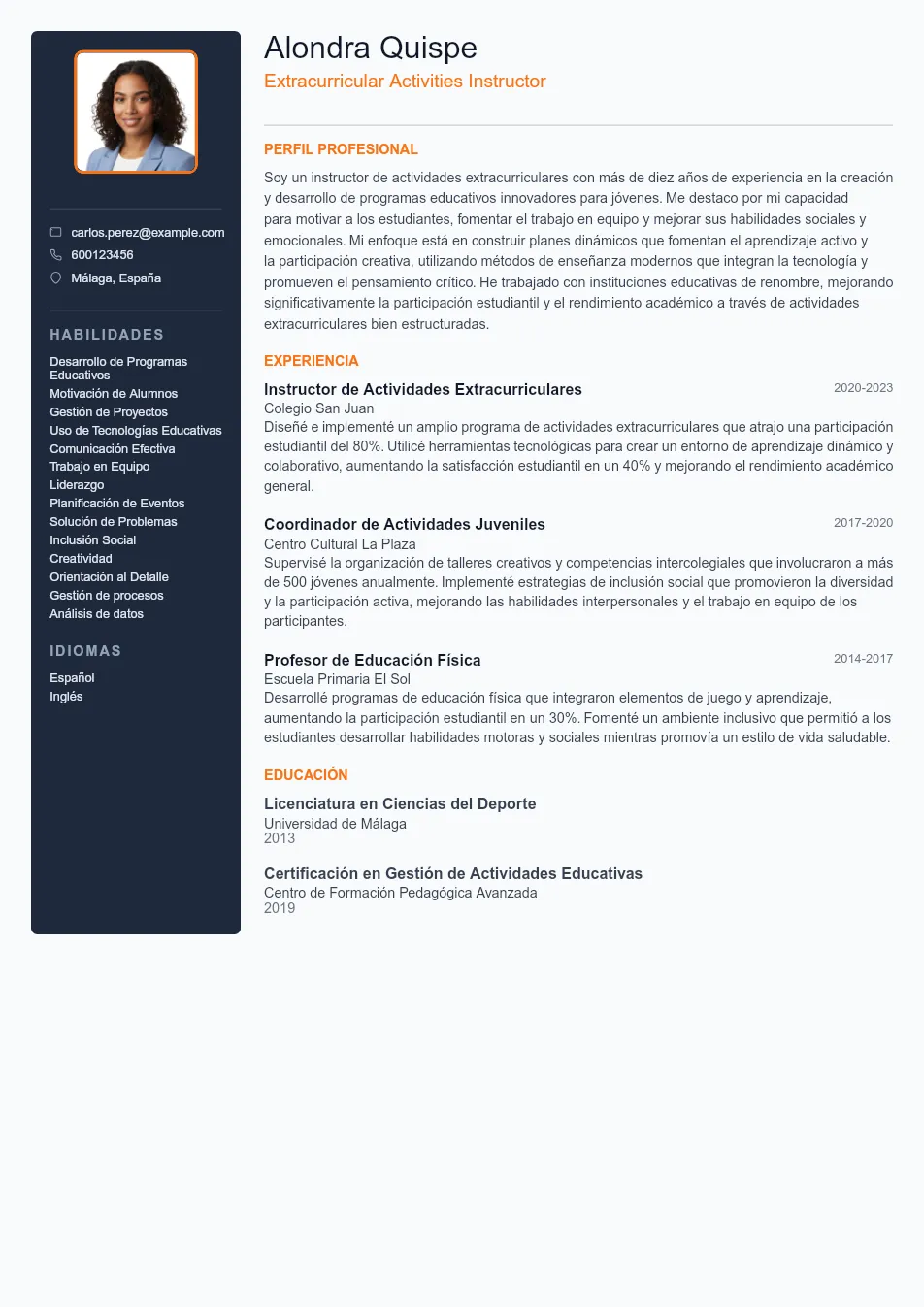 Ejemplo de CV para CV de Instructor de Actividades Extraescol - Plantilla de currículum profesional