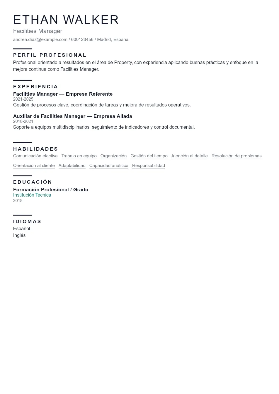 Ejemplo de CV de Facilities Manager CV Example - Professional Resume Template
