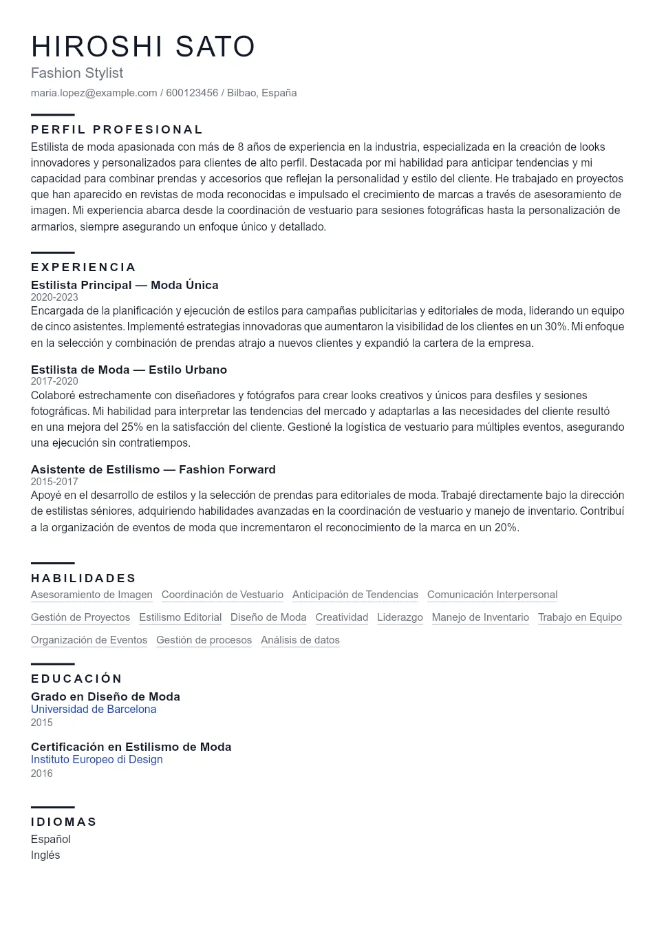 Ejemplo de CV de Fashion Stylist CV Example - Professional Resume Template