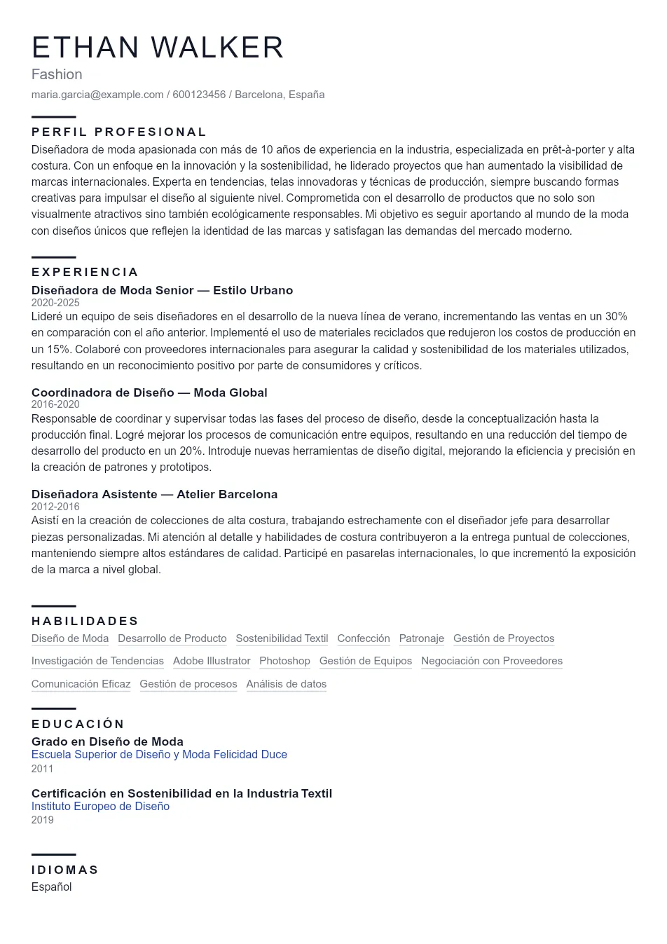 Ejemplo de CV para CV para la Industria de la Moda - Plantilla de currículum profesional