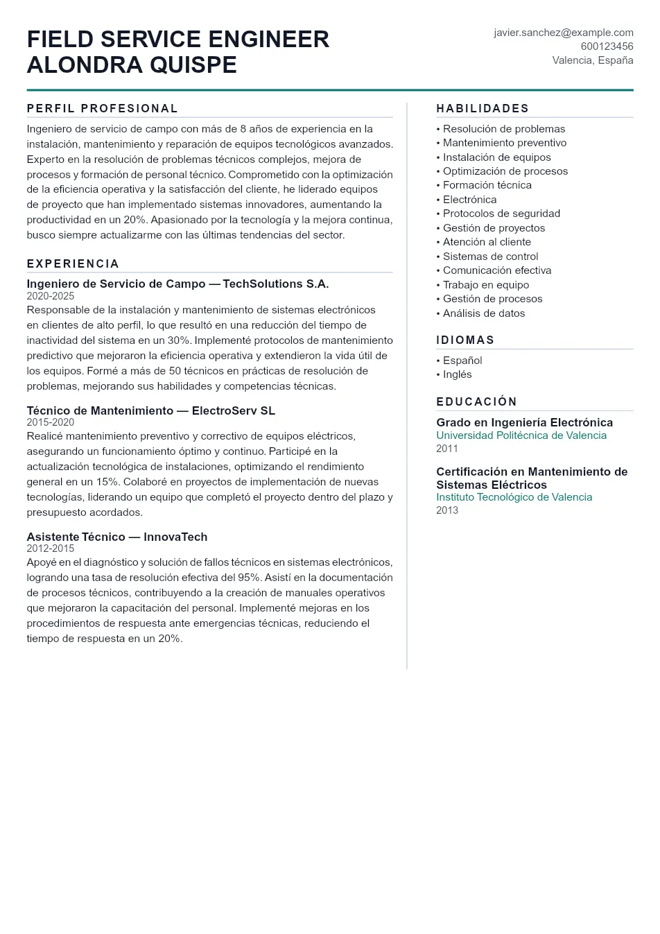 Ejemplo de CV para CV de Field Service Engineer - Plantilla de currículum profesional