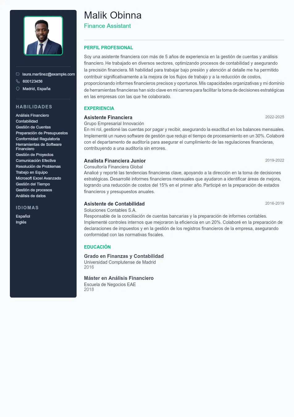 Ejemplo de CV para CV de Finance Assistant - Plantilla de currículum profesional