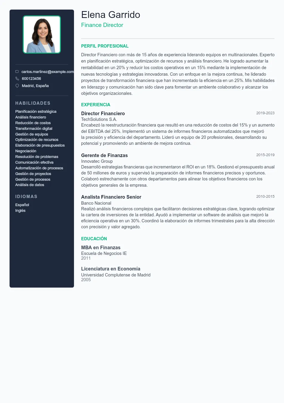 Ejemplo de CV de Finance Director CV Example - Professional Resume Template