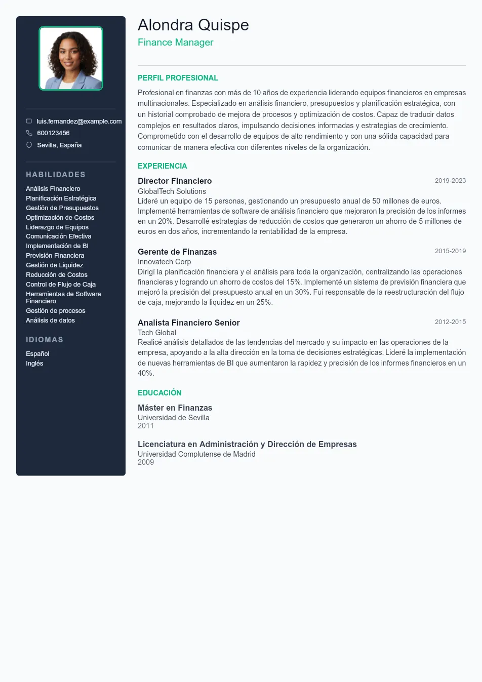 Ejemplo de CV de Finance Manager CV Example - Professional Resume Template