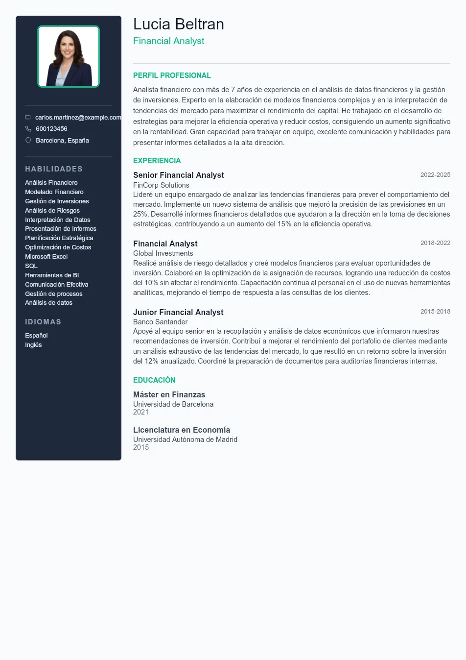 Ejemplo de CV de Financial Analyst CV Example - Professional Resume Template