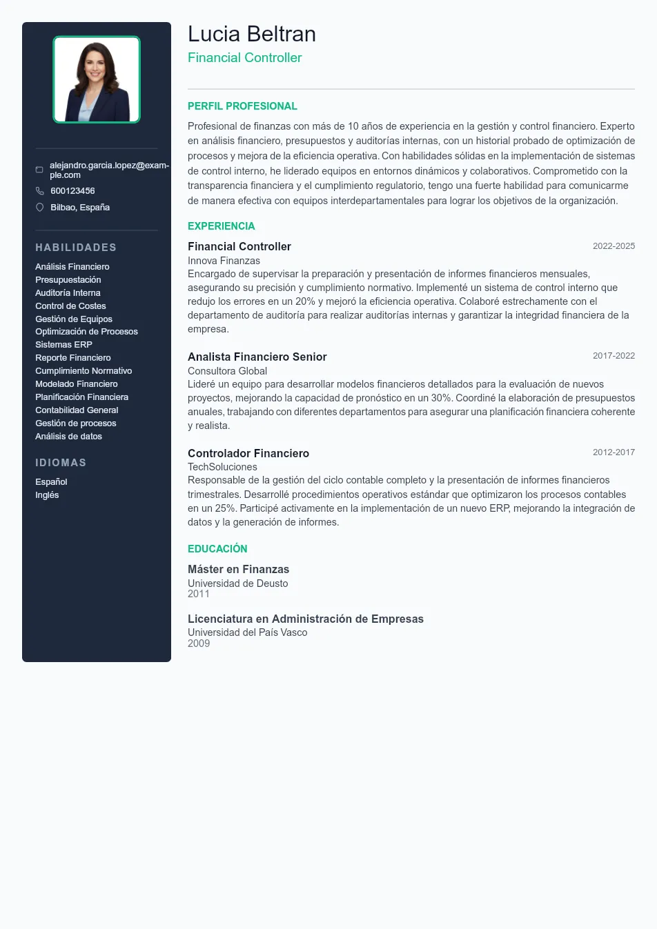 Ejemplo de CV para CV de Financial Controller - Plantilla de currículum profesional
