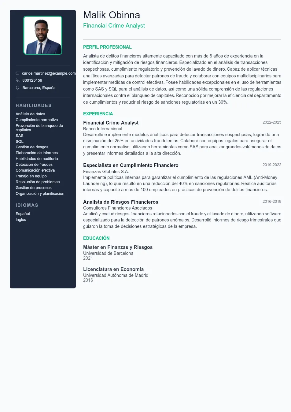 Ejemplo de CV para CV de Financial Crime Analyst - Plantilla de currículum profesional