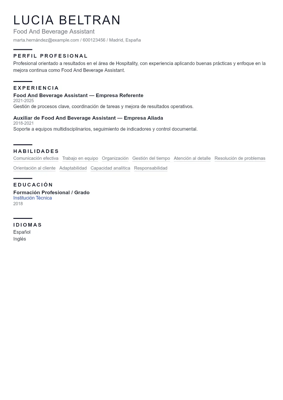 Ejemplo de CV de Food And Beverage Assista CV Example - Professional Resume Template