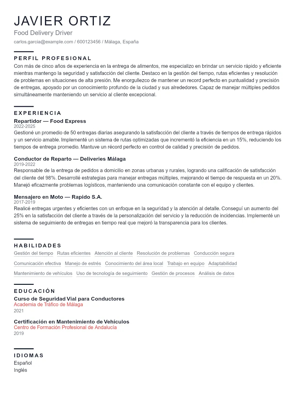 Ejemplo de CV para Ejemplo de CV de Repartidor de Comida a Do - Plantilla de currículum profesional