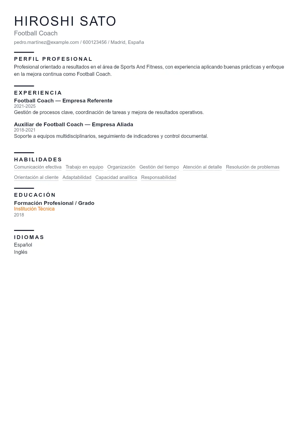 Ejemplo de CV de Football Coach CV Example - Professional Resume Template