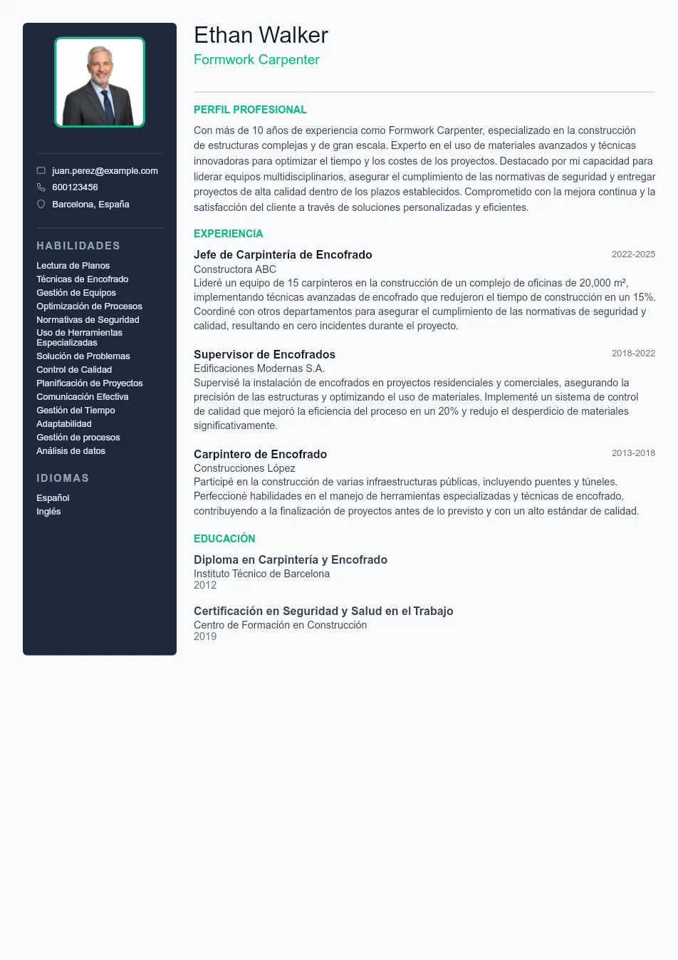Ejemplo de CV de Formwork Carpenter CV Example - Professional Resume Template