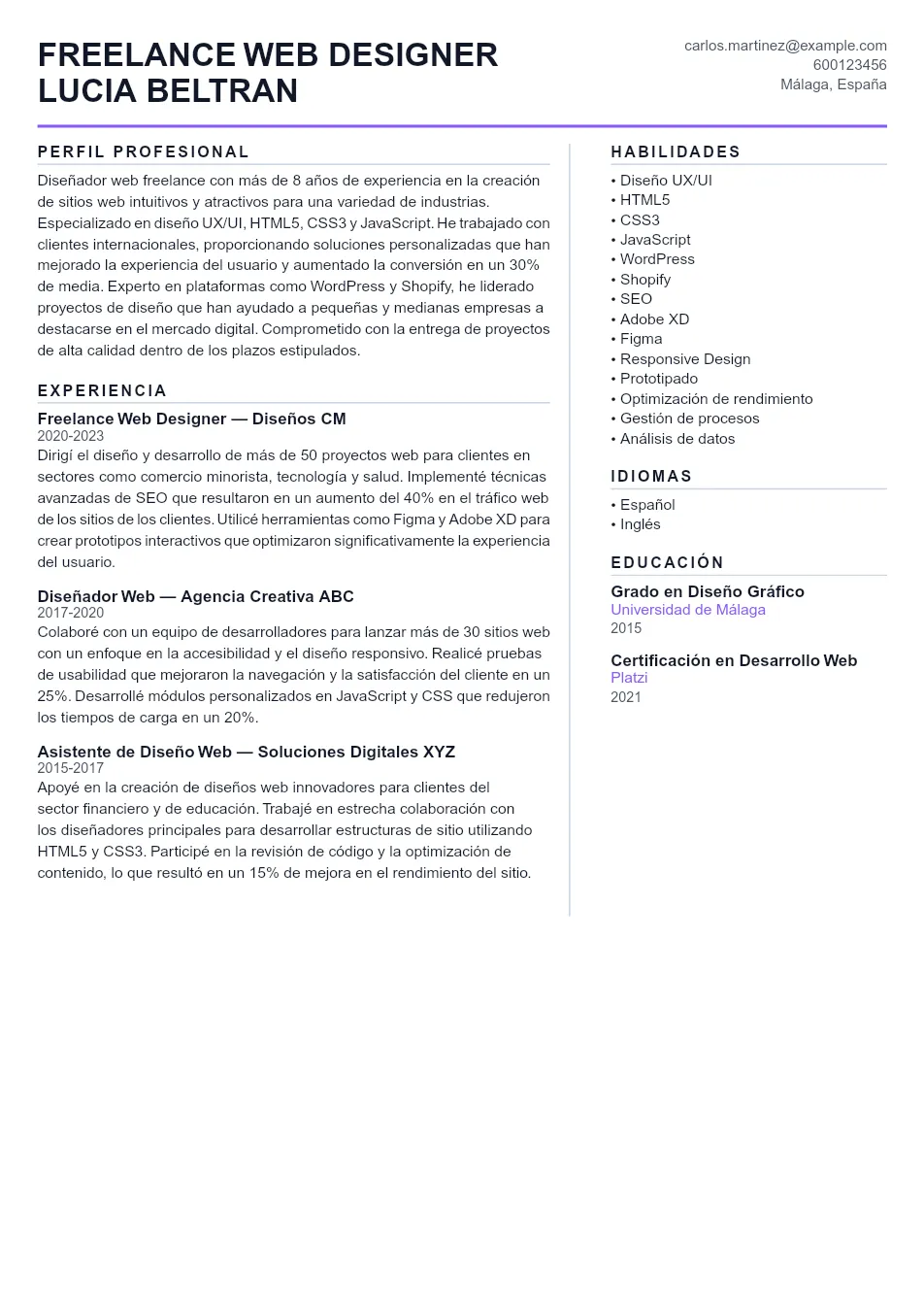 Ejemplo de CV para CV para Freelance Web Designer - Plantilla de currículum profesional