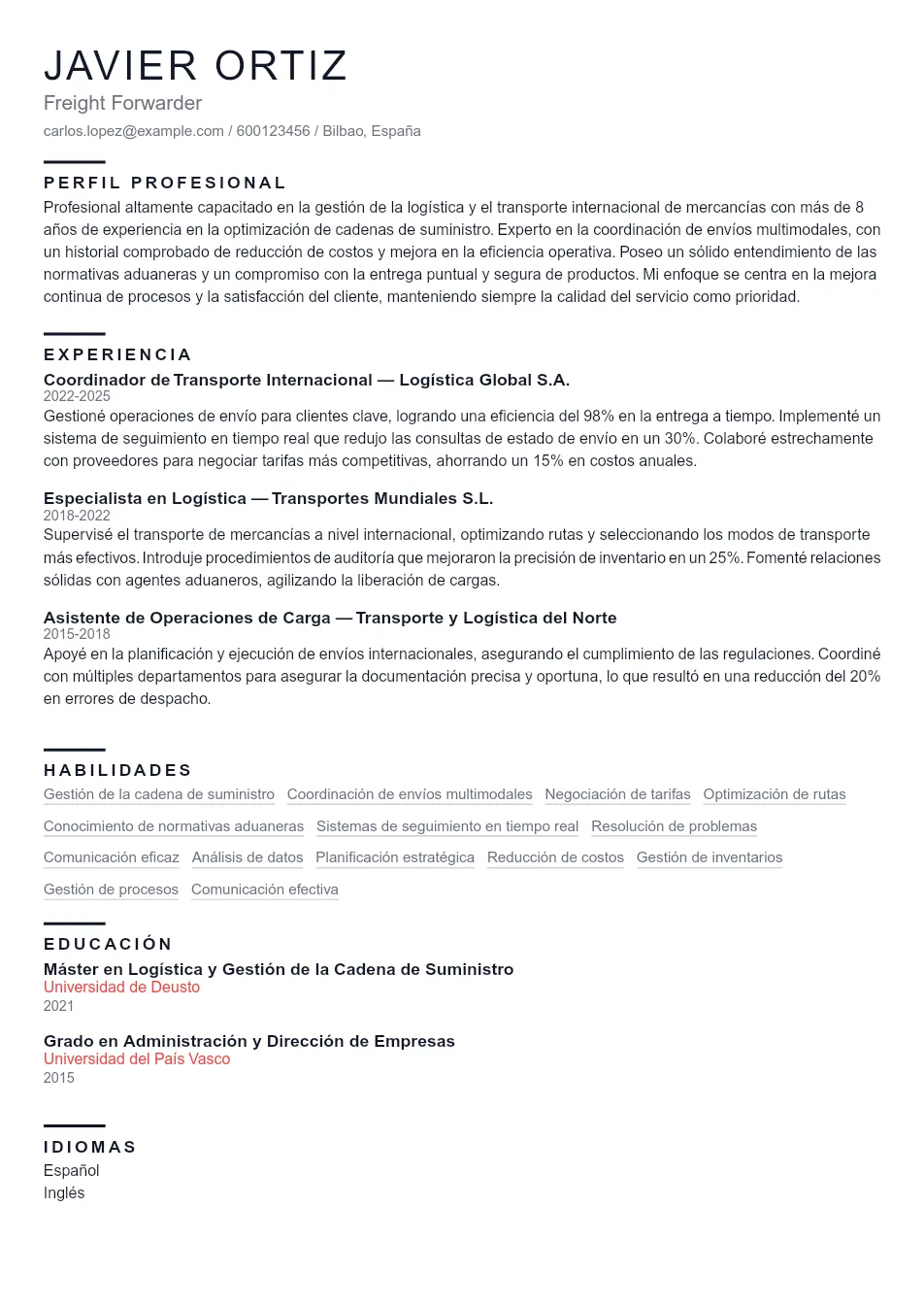 Ejemplo de CV de Freight Forwarder CV Example - Professional Resume Template