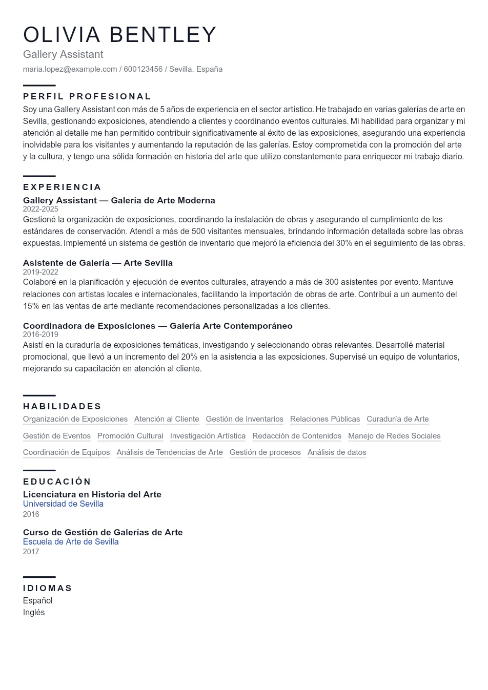 Ejemplo de CV para CV de Gallery Assistant - Plantilla de currículum profesional
