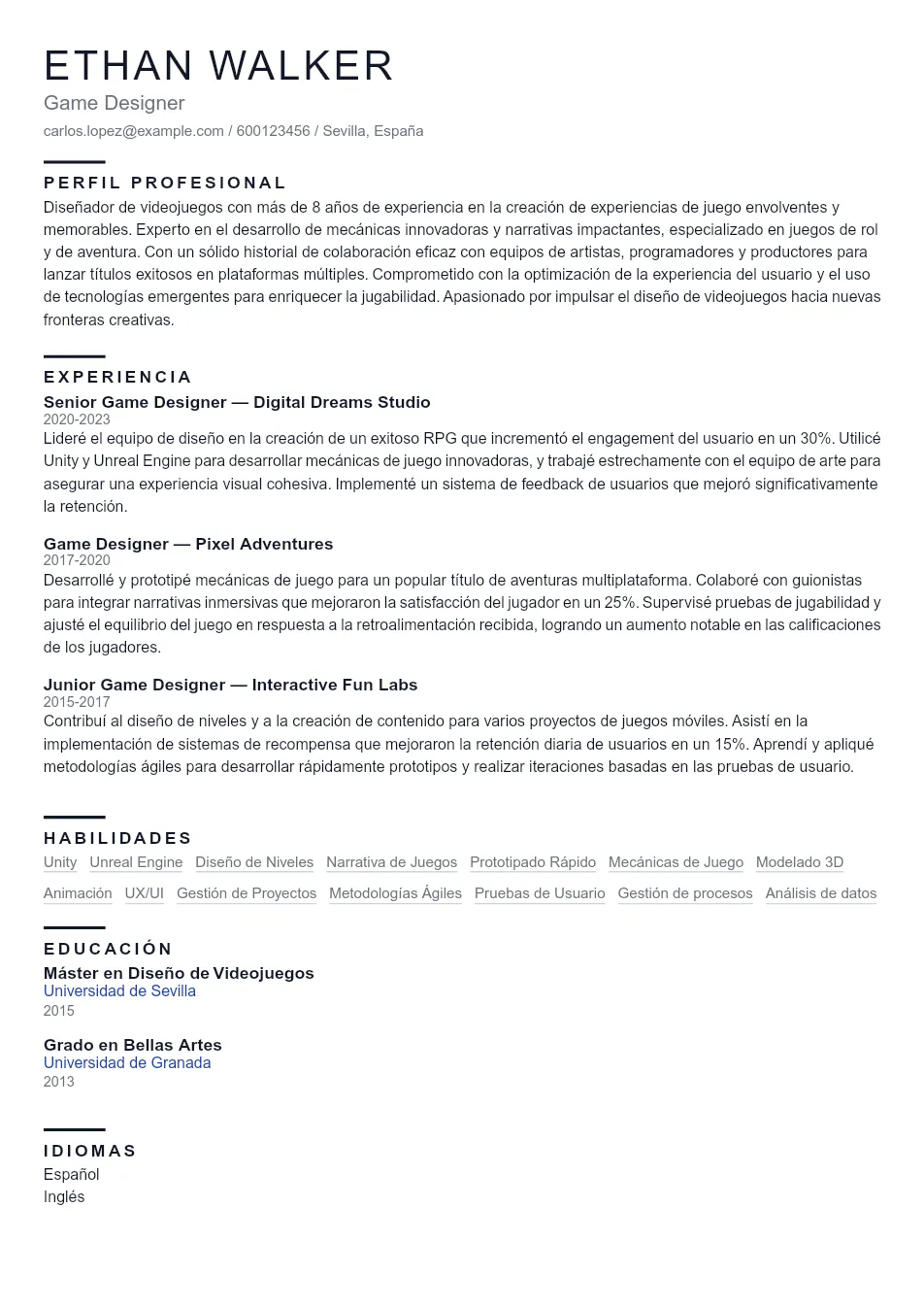 Ejemplo de CV de Game Designer CV Example - Professional Resume Template