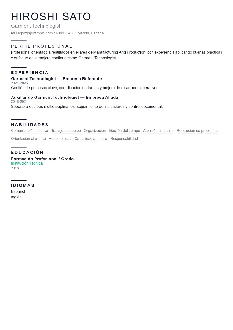 Ejemplo de CV de Garment Technologist CV Example - Professional Resume Template
