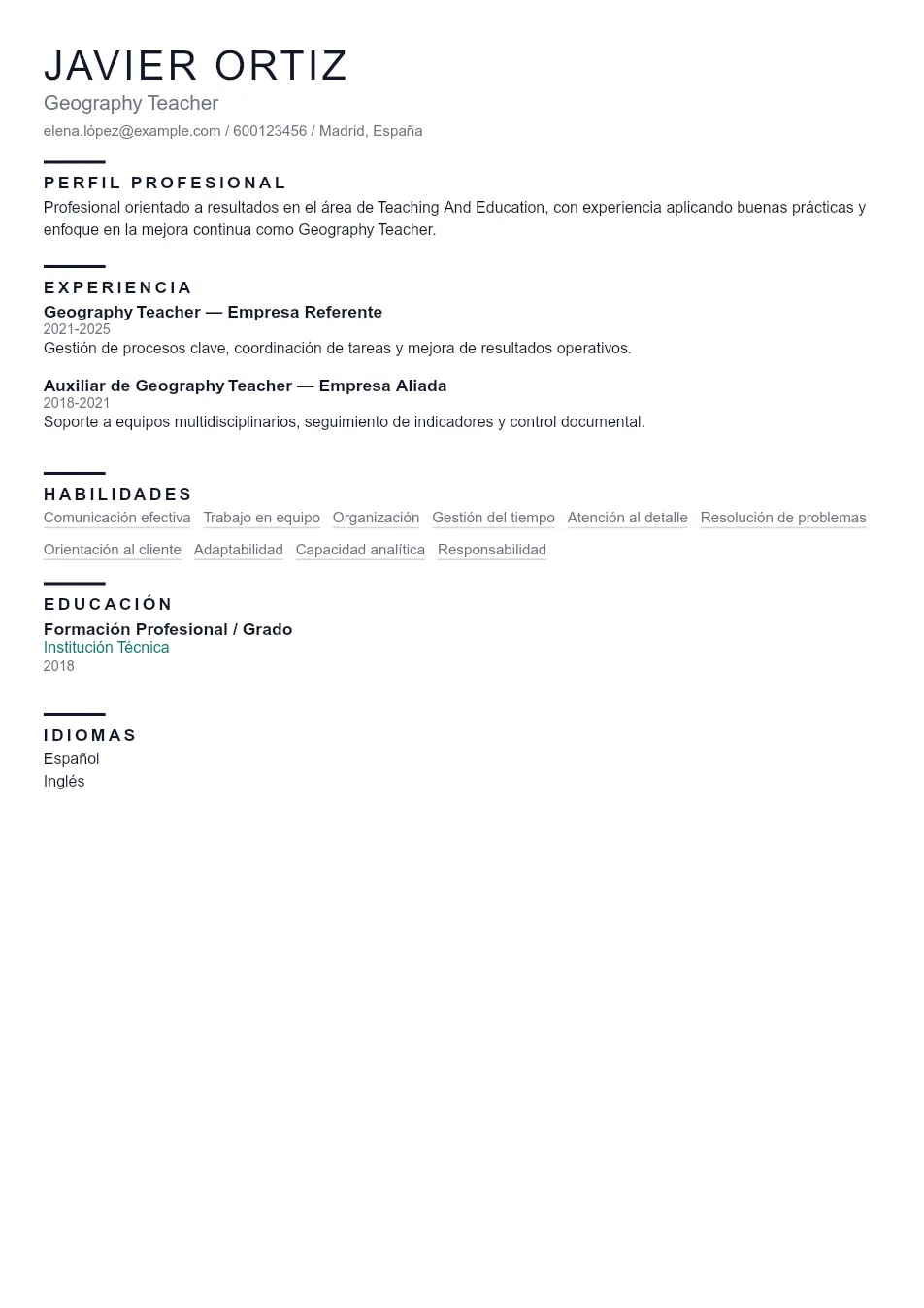 Ejemplo de CV para CV para Profesor de Geografía - Plantilla de currículum profesional