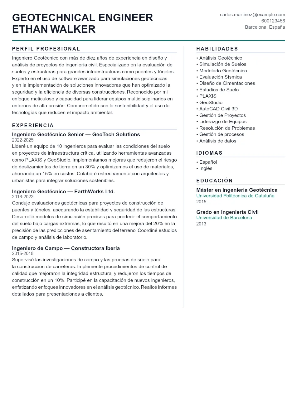 Ejemplo de CV de Geotechnical Engineer CV Example - Professional Resume Template