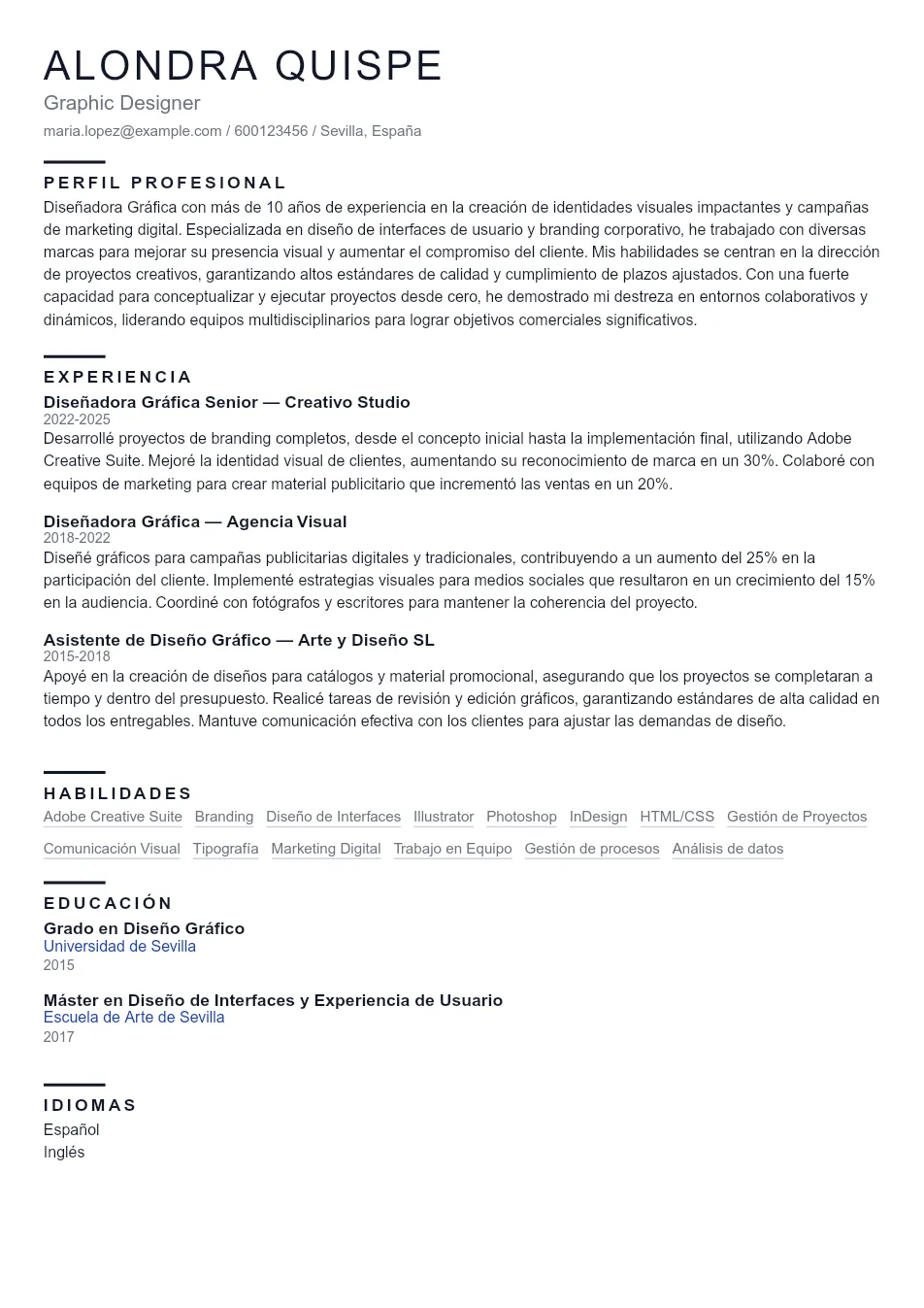 Ejemplo de CV para CV de Diseñador Gráfico - Plantilla de currículum profesional