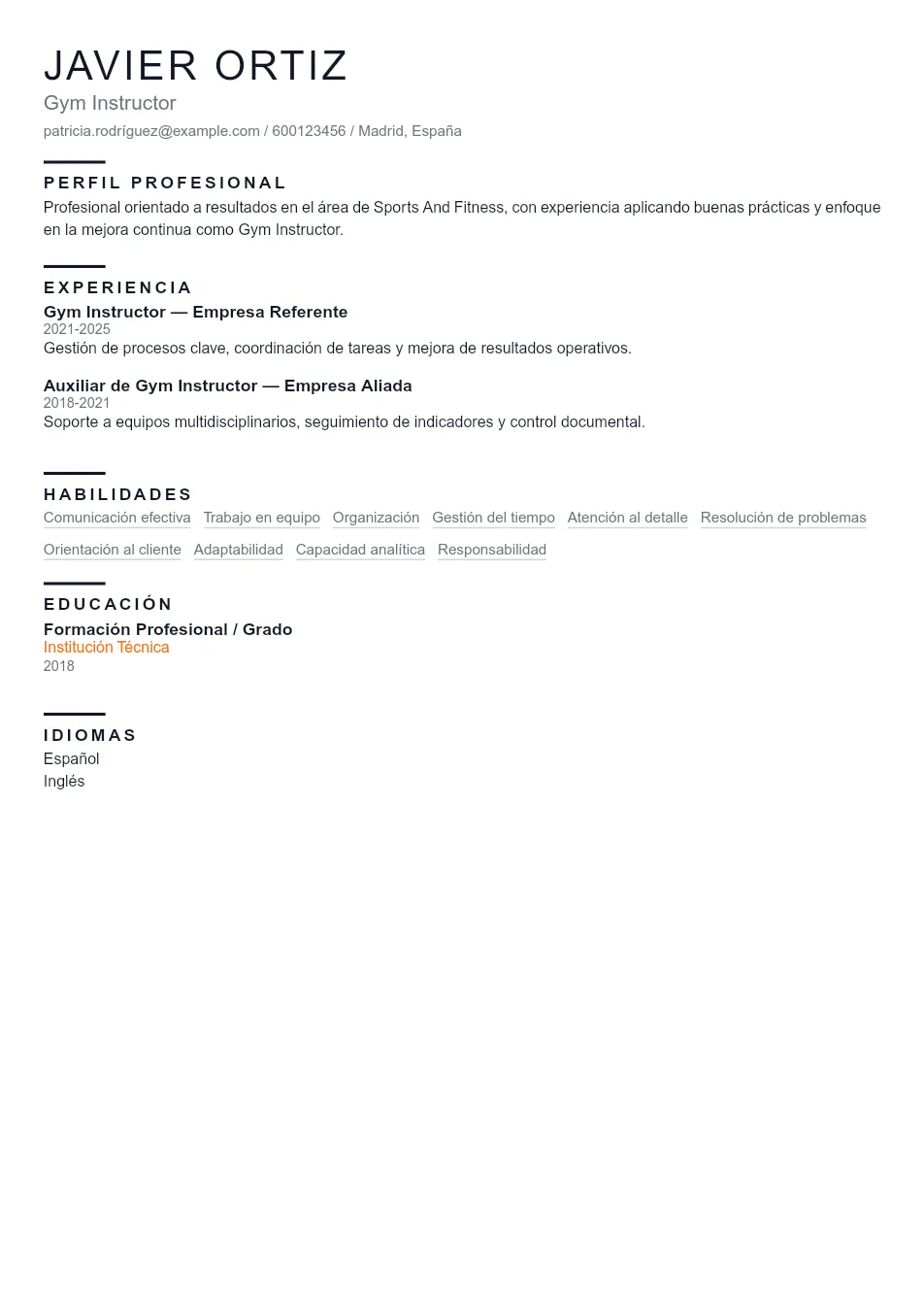 Ejemplo de CV de Gym Instructor CV Example - Professional Resume Template