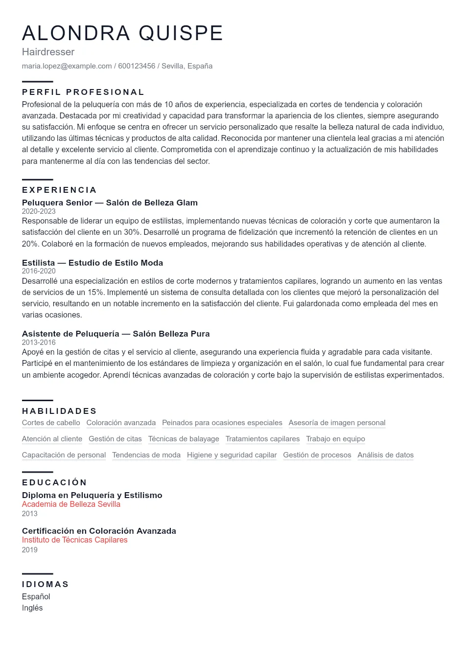 Ejemplo de CV para Ejemplo de CV de Peluquero/a - Plantilla de currículum profesional