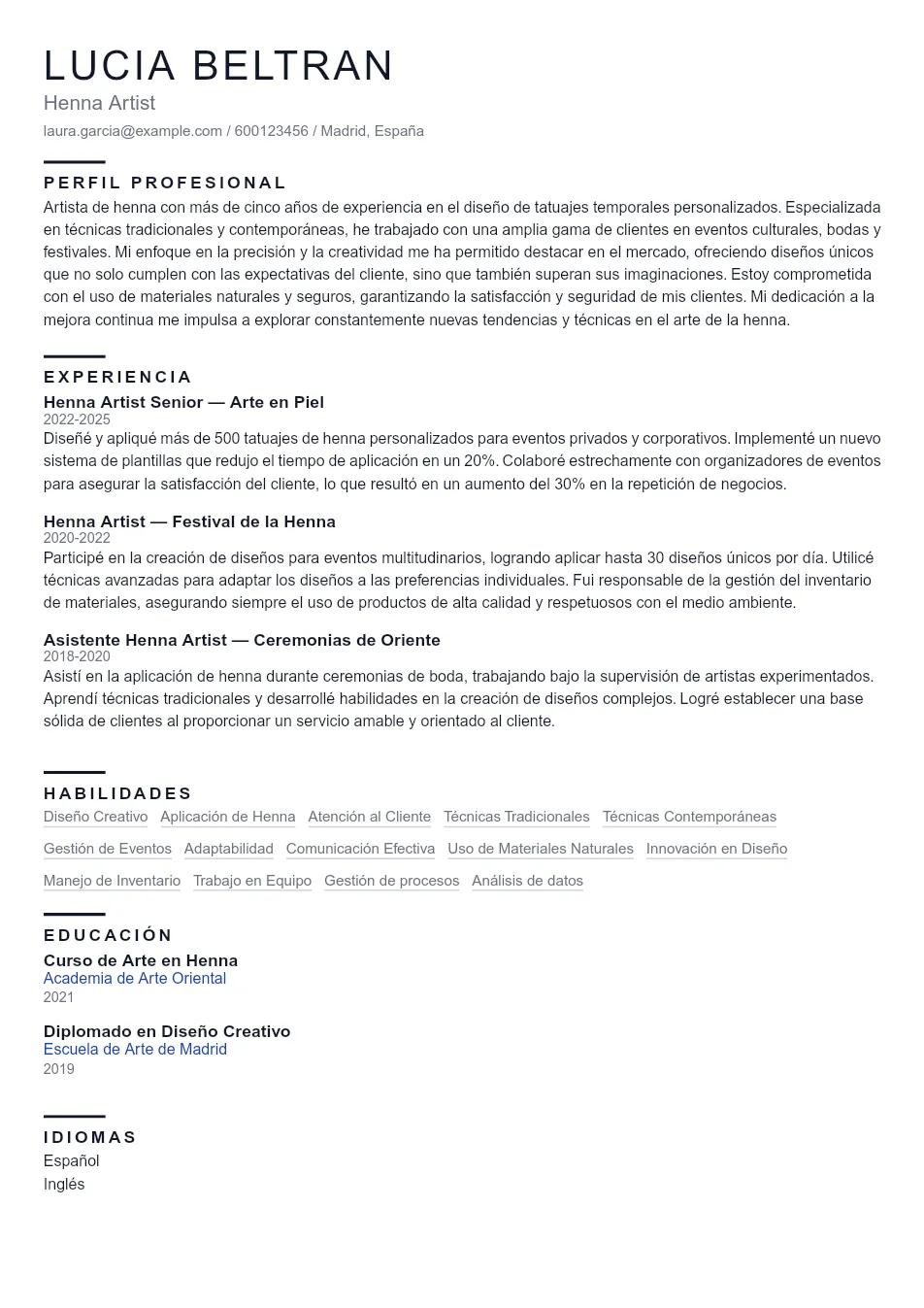 Ejemplo de CV para CV para Henna Artist - Plantilla de currículum profesional