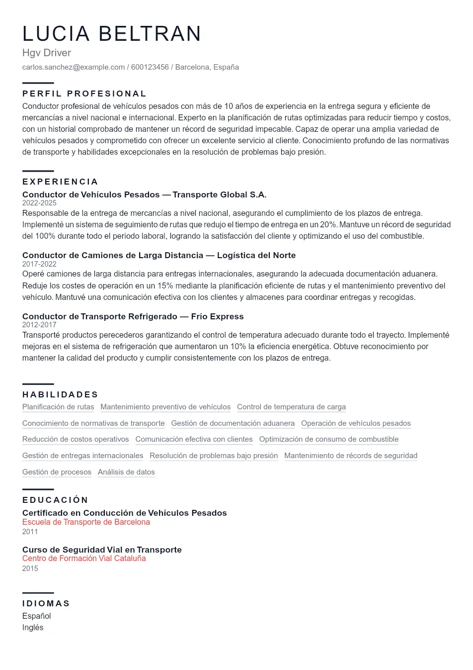 Ejemplo de CV de Hgv Driver CV Example - Professional Resume Template