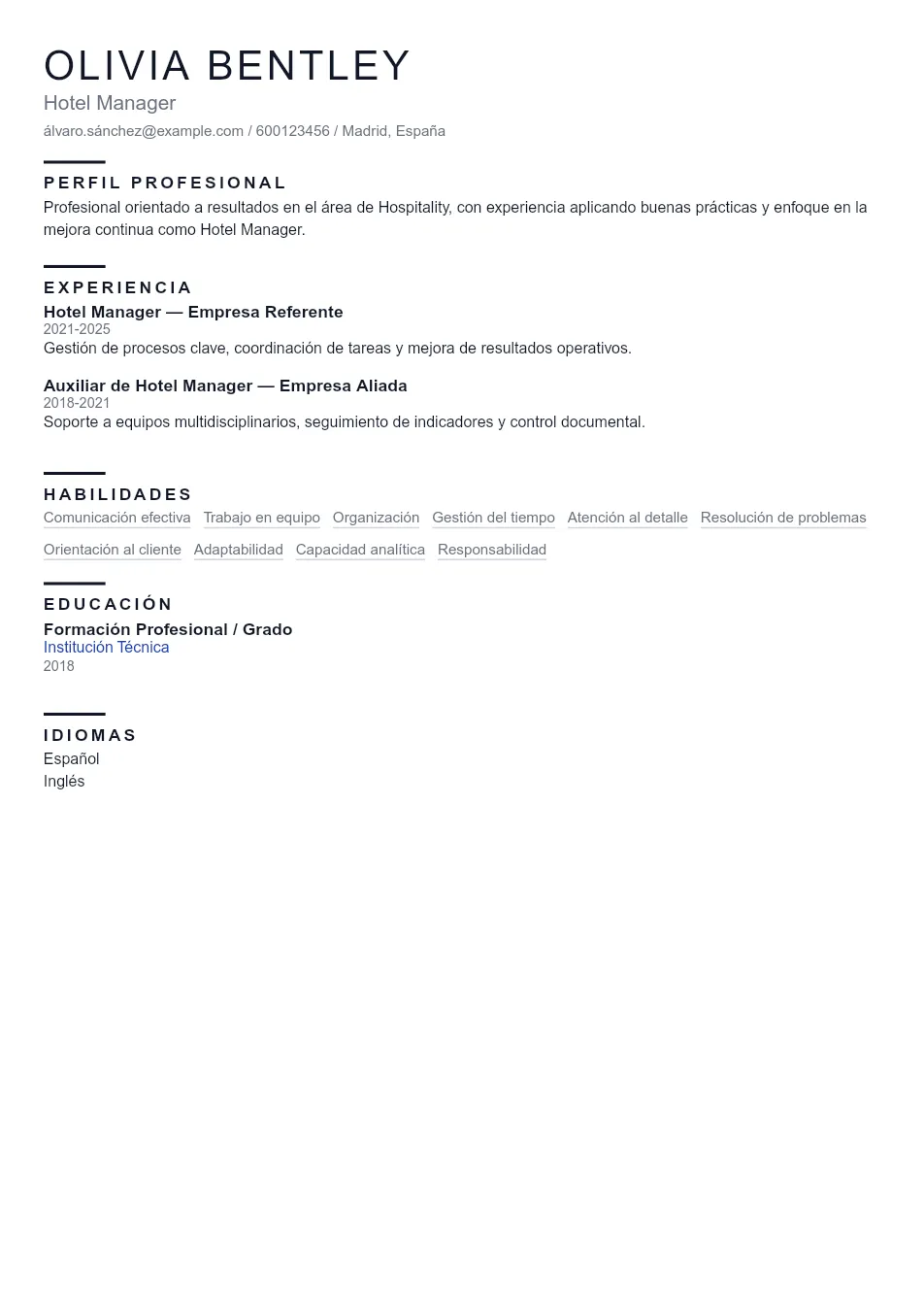 Ejemplo de CV de Hotel Manager CV Example - Professional Resume Template