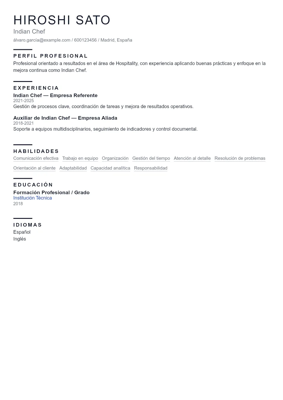 Ejemplo de CV de Indian Chef CV Example - Professional Resume Template
